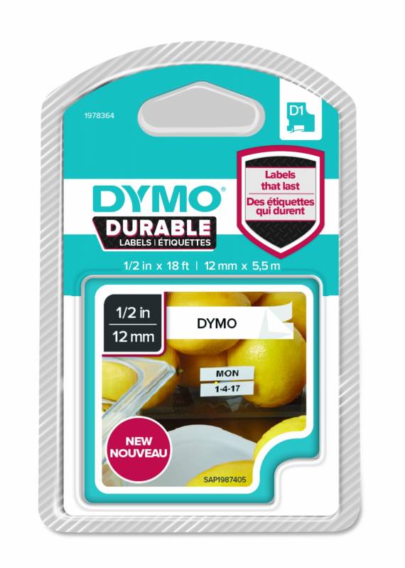 Banda laminata Dymo D1 DY1978364 Durable 12 mm, negru/alb