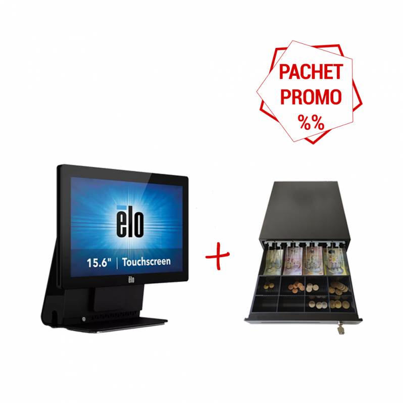 Sistem POS touchscreen ELO Touch 15E2, IntelliTouch, Windows 10 IoT Enterprise si Sertar de bani Metter CDE350BK