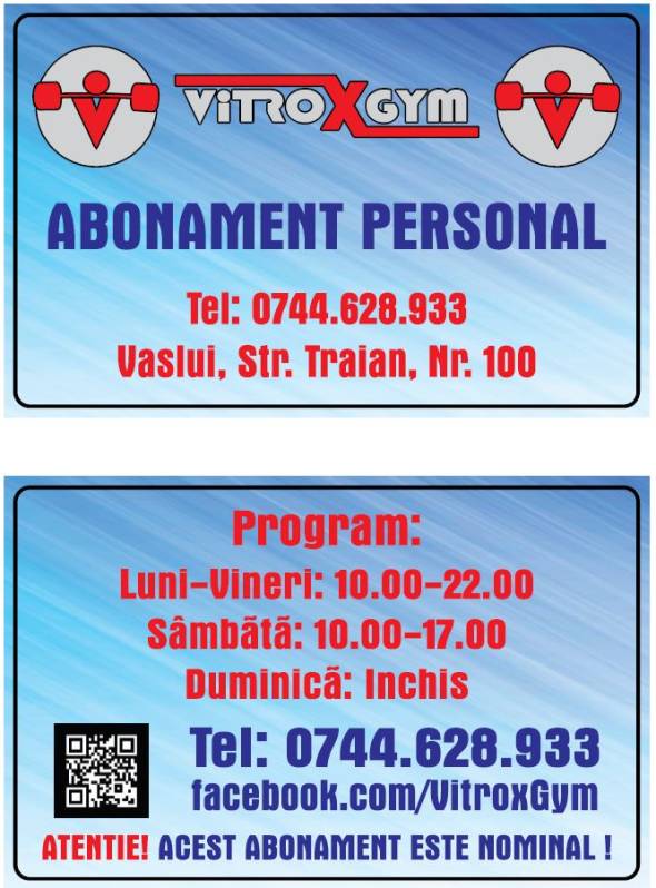 Card PVC personalizat Abonament VitroxGym, chip RFID 125 Khz, fata-verso