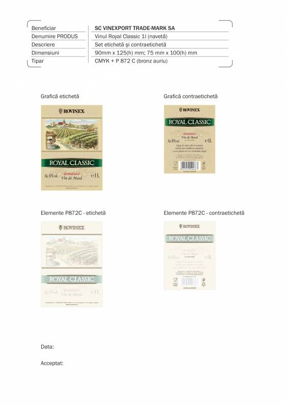 Etichete hartie Vinexport Vinul Royal Classic comunitar, 1l, 75x100 mm