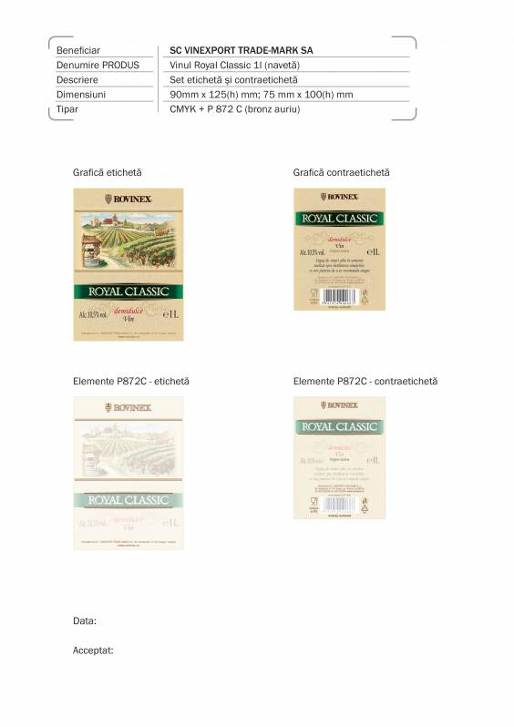 Etichete hartie Vinexport Vinul Royal Classic Ucraina, 1l, 90x125 mm