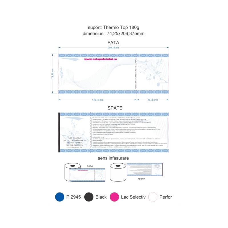 Bilete de intrare sala palatului, fata-spate, rola, 74.25x206.375 mm