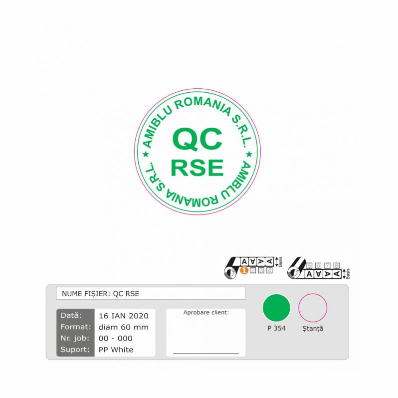 Etichete plastic albe, QC RSE, albe, personalizate cu verde, 60 mm, 1000 et/rola