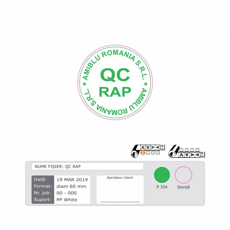 Etichete plastic albe, QC RAP, albe, personalizate cu verde, 60 mm, 1000 et/rola