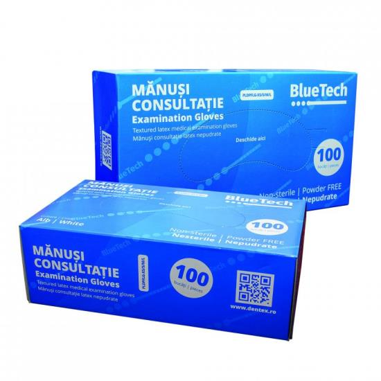 Manusi latex de unica folosinta Bluetech, nepudrate, XS, albe, 100 buc.(50 perechi)/cutie