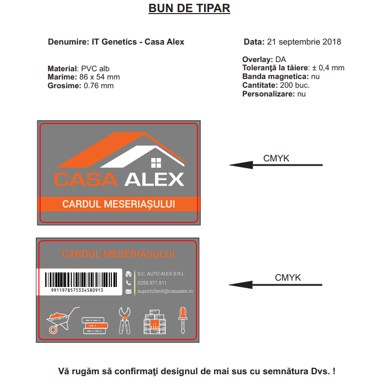 Card PVC fata-verso, personalizat Casa Alex, cardul meseriauslui