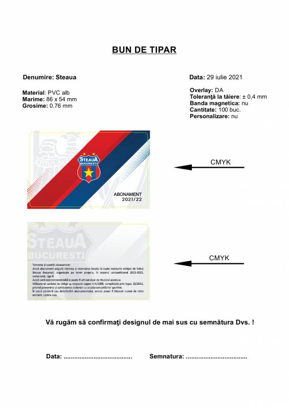 Card PVC alb personalizat fata-verso, Steaua Bucuresti, Abonament, alb