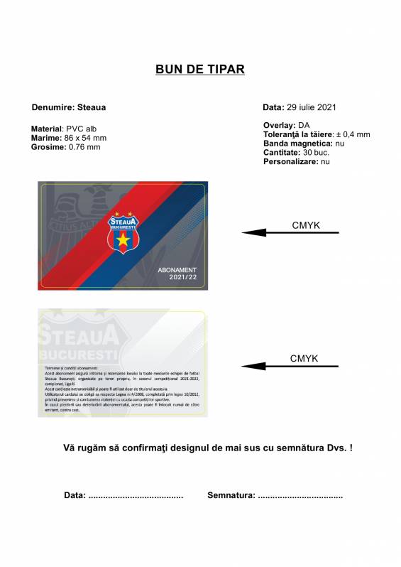 Card PVC alb personalizat fata-verso, Steaua Bucuresti, Abonament, gri