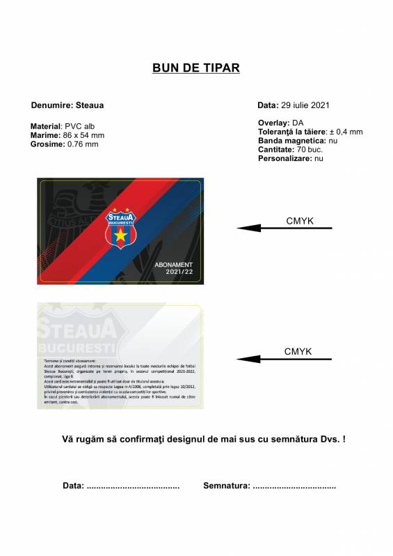 Card PVC alb personalizat fata-verso, Steaua Bucuresti, Abonament, negru