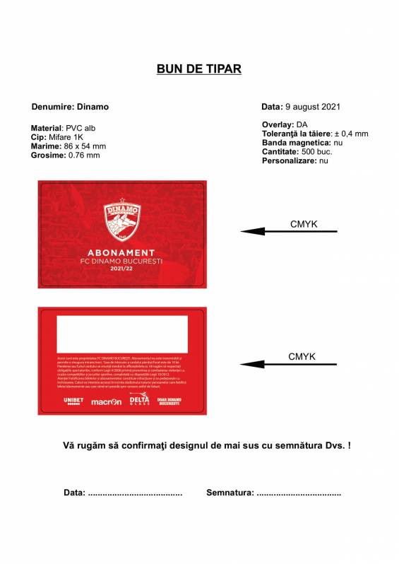 Card PVC alb personalizat fata-verso, Mifare 1K, FC Dinamo Bucuresti, Abonament, rosu