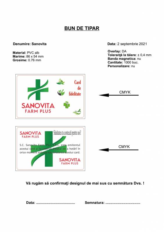 Card PVC alb personalizat fata-verso, Sanovita Farm Plus, Card de fidelitate