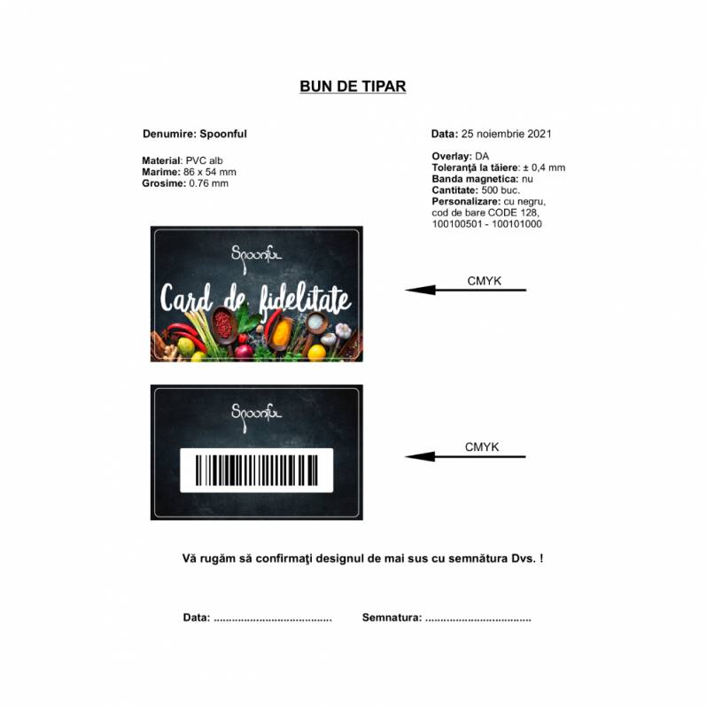 Card PVC alb personalizat fata-verso, perosnalizare Card Fidelitate SPOONFULL
