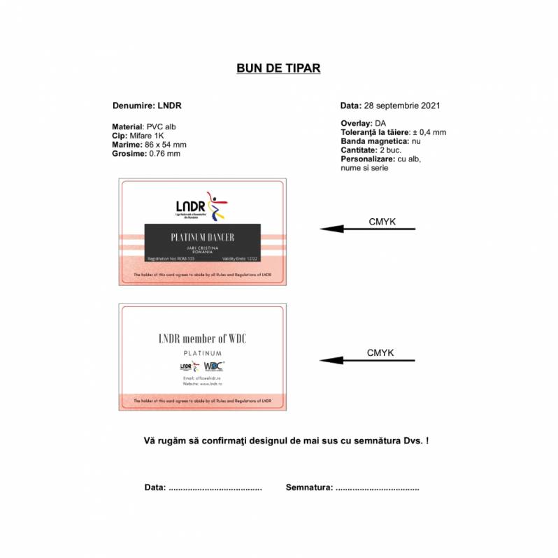 Card PVC alb personalizat fata-verso, Mifare 1K, LNDR Platinum