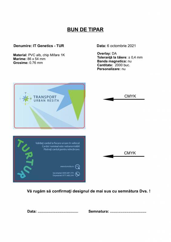 Card RFID ISO TKS50, Mifare 1K, CR80, personalizare Transport Urban Resita