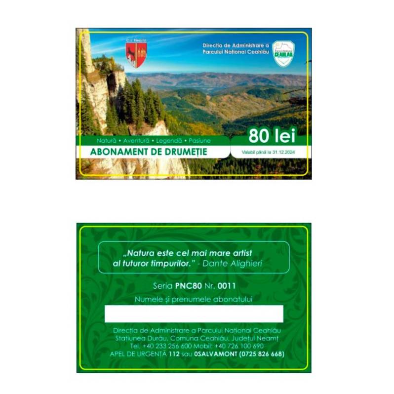 Card PVC personalizat Abonament de Drumetie Parc National Ceahlau, 80 RON