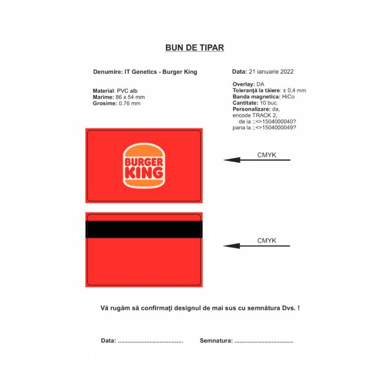 Card PVC alb personalizat fata-verso, Burger King, rosu