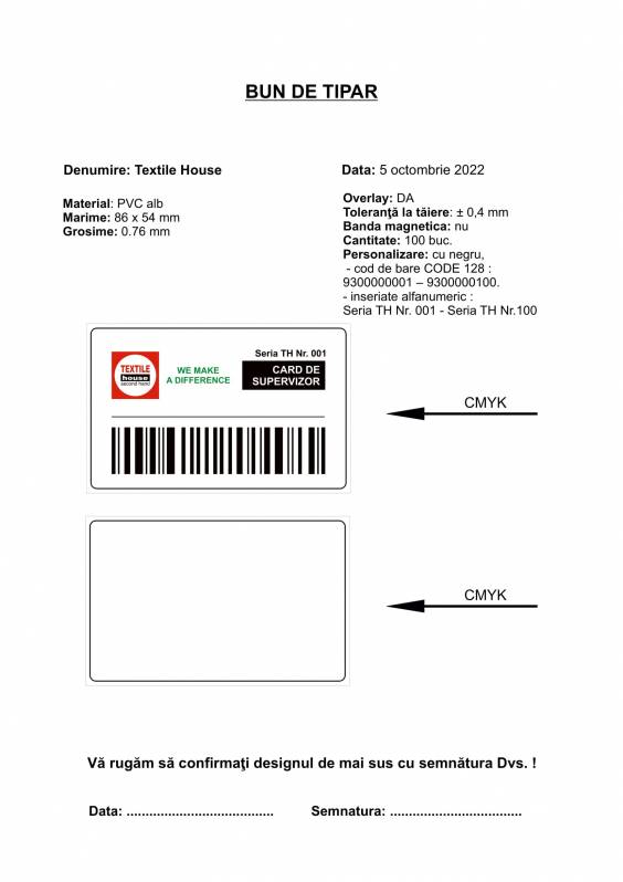 Card PVC alb personalizat fata-verso, Textile House Supervizor