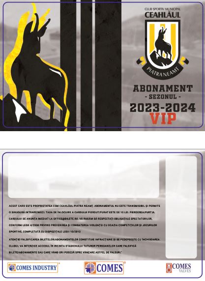Card PVC alb personalizat fata-verso, Ceahlaul Piatra Neamt, Abonament 2023-2024-VIP