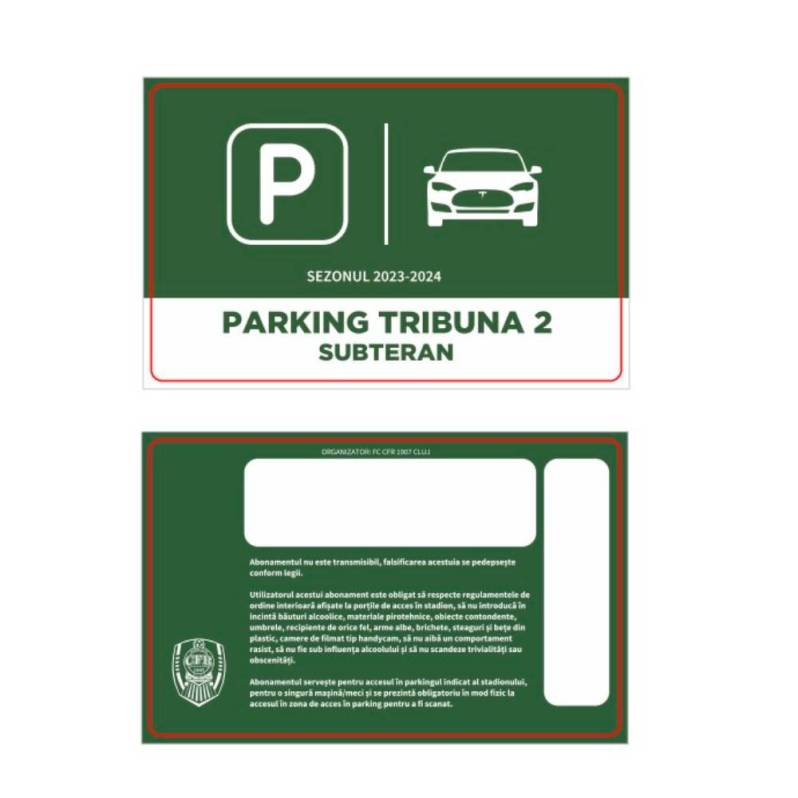 Card PVC alb personalizat fata-verso, CFR Parking 2023-2024 - Parking Tribuna 2 Subteran