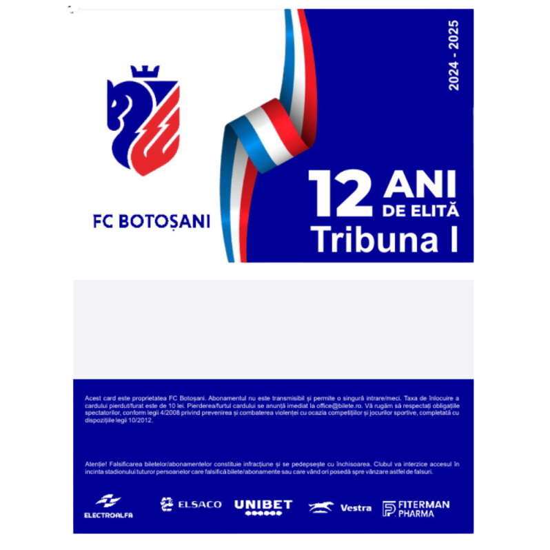 Card PVC alb personalizat fata-verso, FC Botosani, Tribuna 1 - 2024-2025