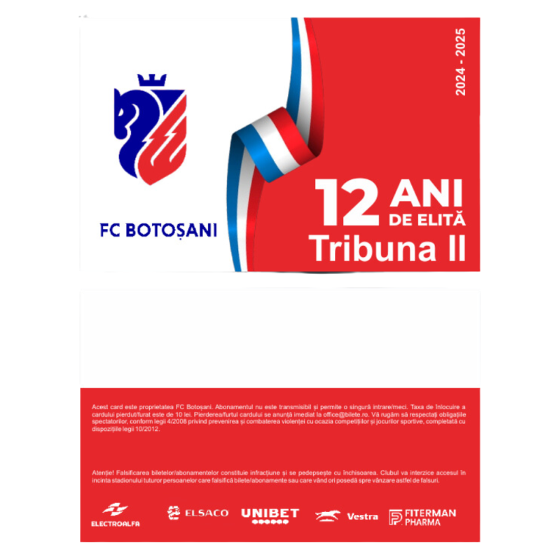 Card PVC alb personalizat fata-verso, FC Botosani, Tribuna 2 - 2024-2025