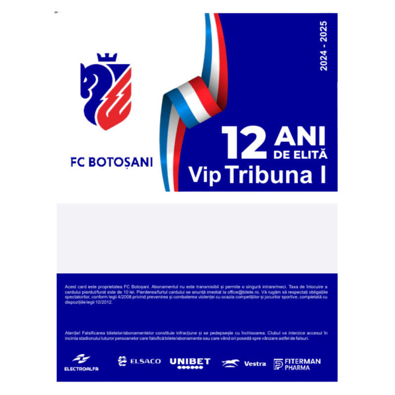 Card PVC alb personalizat fata-verso, FC Botosani, Tribuna 1 VIP - 2024-2025