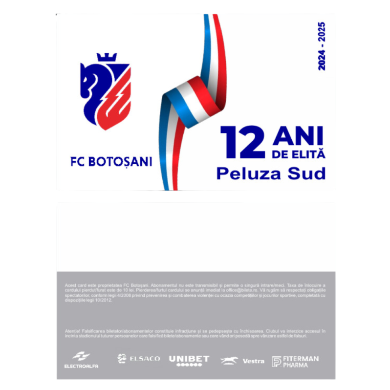 Card PVC alb personalizat fata-verso, FC Botosani, Peluza Sud - 2024-2025