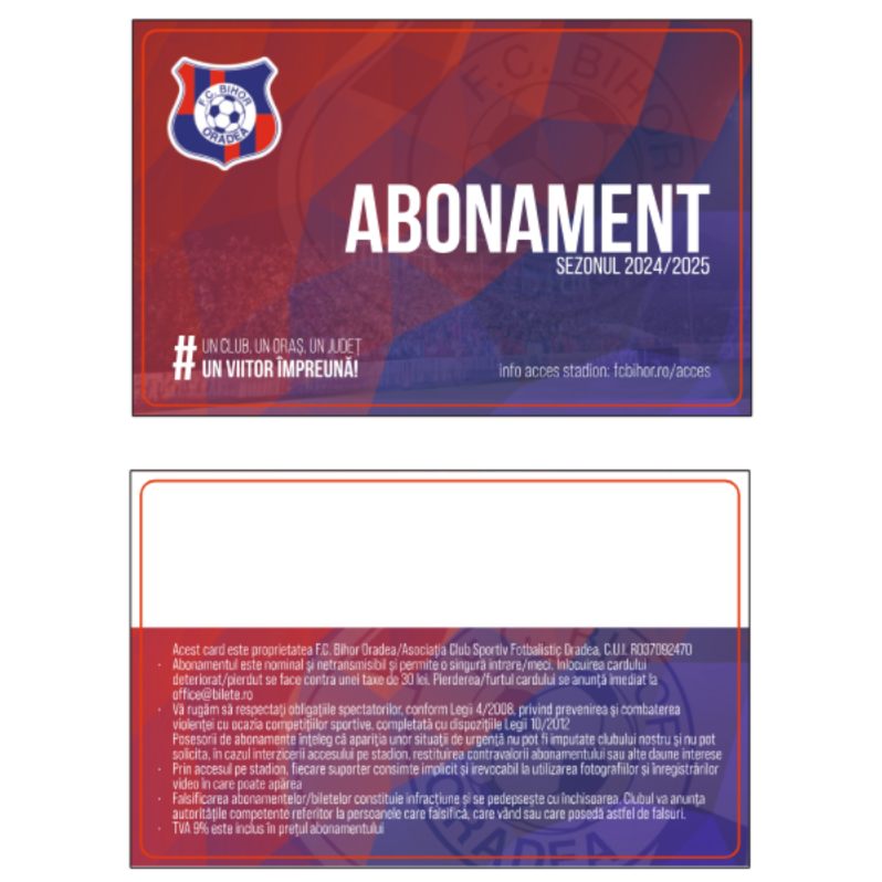 Card PVC alb personalizat fata-verso, FC Oradea, Abonament 2024-2025