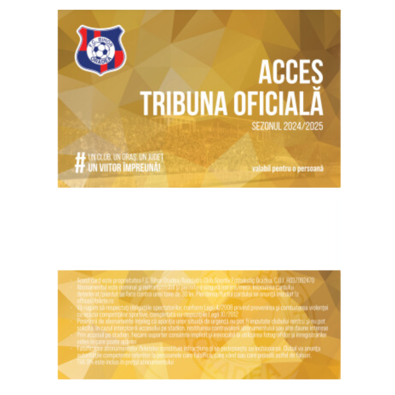 Card PVC alb personalizat fata-verso, FC Bihor Oradea, Abonament Acces Tribuna Oficiala 2024-2025