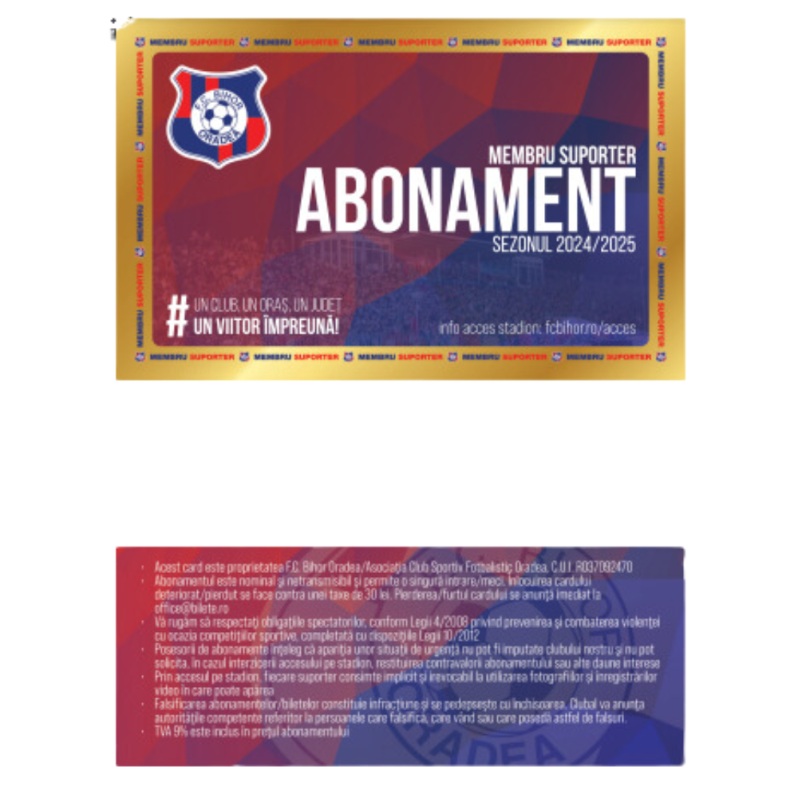 Card PVC alb personalizat fata-verso, FC Bihor Oradea, Abonament Membru Suporter 2024-2025