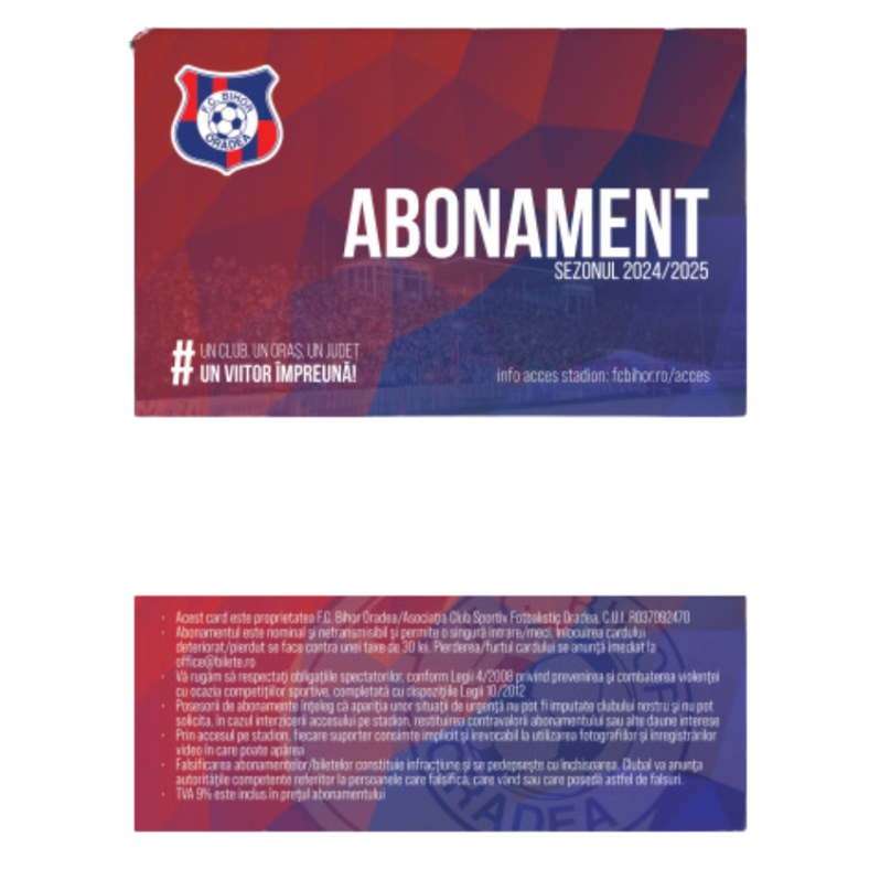 Card PVC alb personalizat fata-verso, FC Bihor Oradea, Abonament 2024-2025