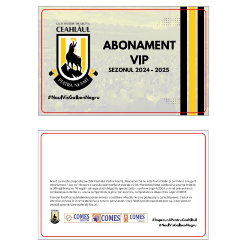 Card PVC alb personalizat fata-verso, Ceahlaul Piatra Neamt, Abonament 2024-2025 VIP