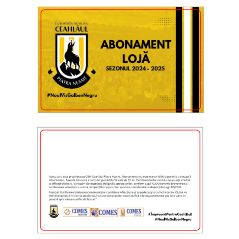 Card PVC alb personalizat fata-verso, Ceahlaul Piatra Neamt, Abonament 2024-2025 LOJA