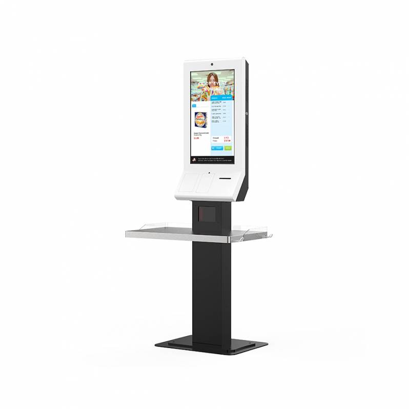 Sistem Kiosk Interactiv Metter 27", Android, imprimanta termica, cititor coduri de bare, camera, raft depozitare, indoor, stand de podea