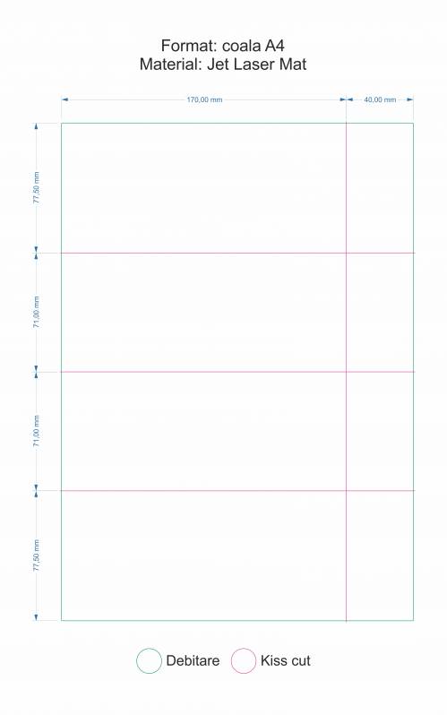 Etichete in coala A4, 77,5x170+77,5 mm x 40+71x170+71x40mm , 8 et./coala - format special