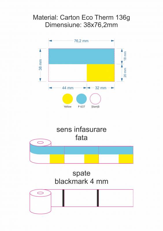 Rola de etichete personalizate termice 38x76mm, 136gr, albastru si galben, 160buc/rola