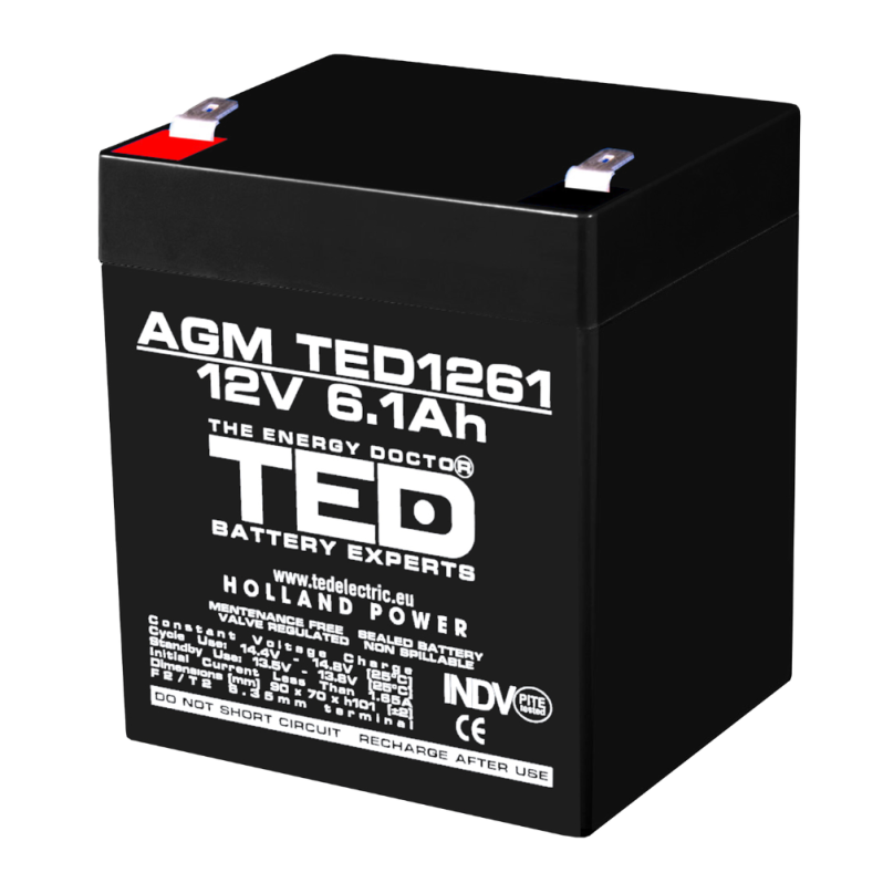 Acumulatorul stationar TED 1261, AGM, VRLA, 12V, 6.1A
