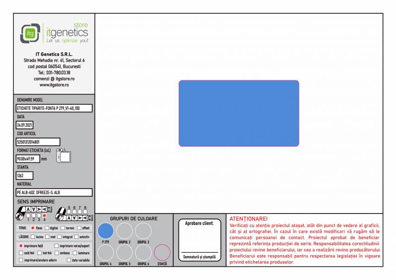 Rola etichete de plastic ZINTA Pantone 279 90x50mm, pentru congelate, 900 et./rola