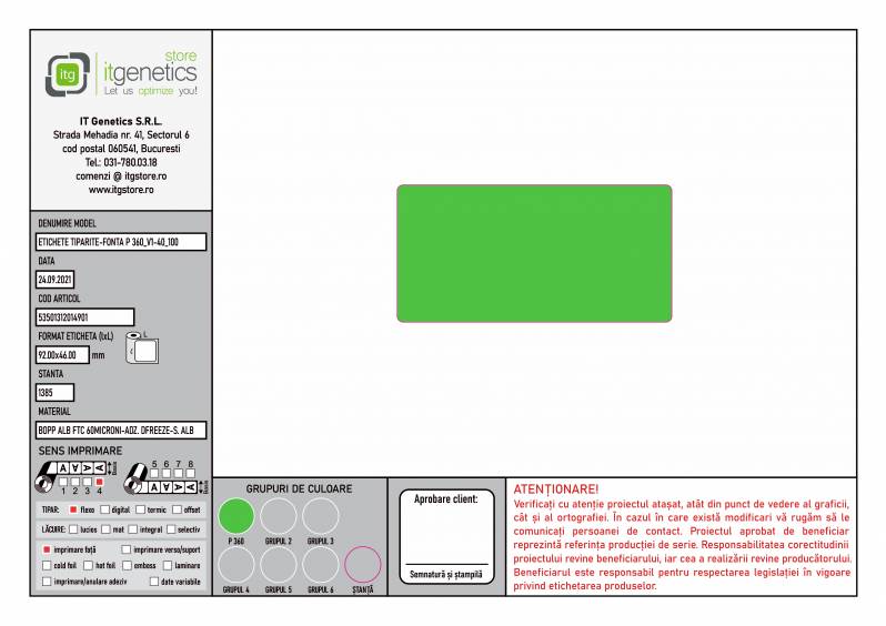 Rola etichete de plastic ZINTA Pantone 360 90x46mm, pentru congelate, 1000 et./rola