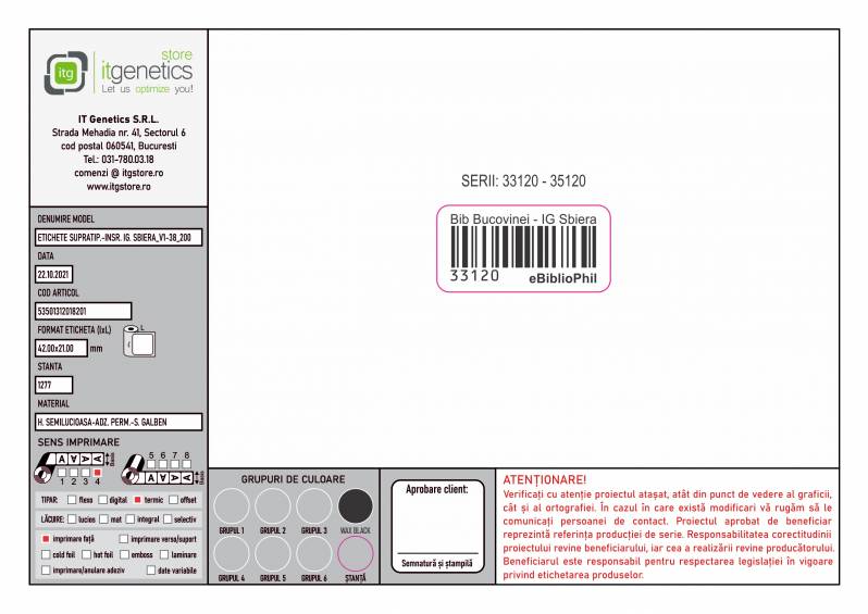 Etichete semilucioase 42x21mm, personalizate cu negru, serializare, 1000 et./rola, eBiblioPhil-IG Sbiera