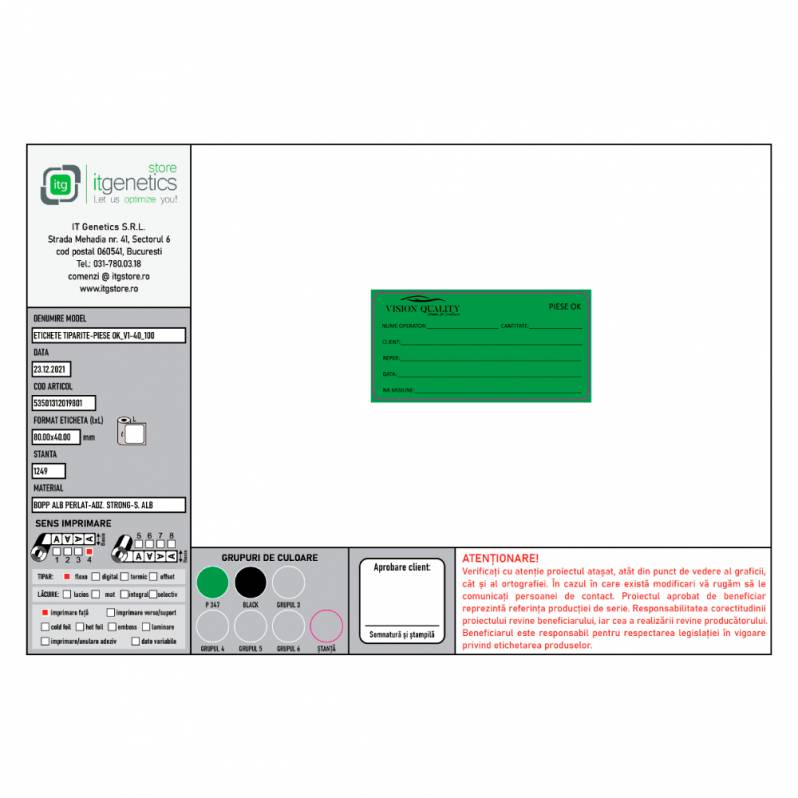 Rola etichete de plastic ZINTA 80x40mm, 1000 et./rola, BOPP, verde, personalizare PIESE OK